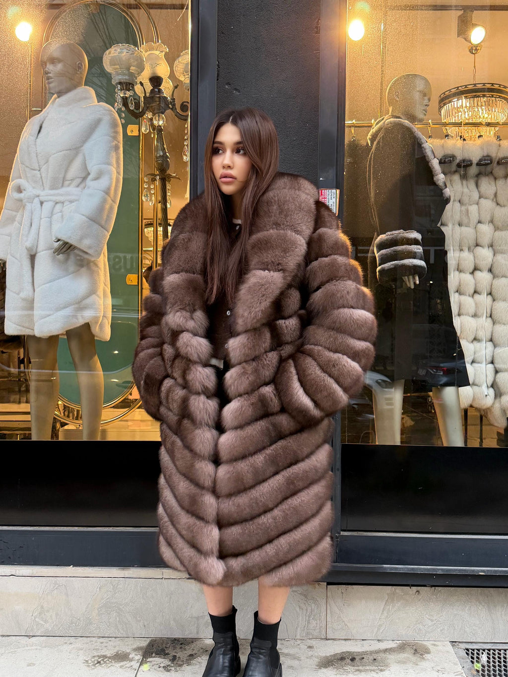 Brown Long Fox Fur Coat | Premium Sable Brown Fox Fur Jacket