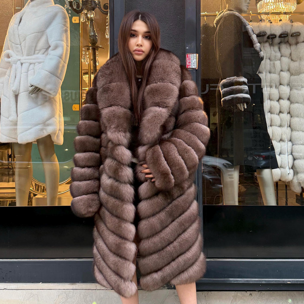 Brown Long Fox Fur Coat | Premium Sable Brown Fox Fur Jacket