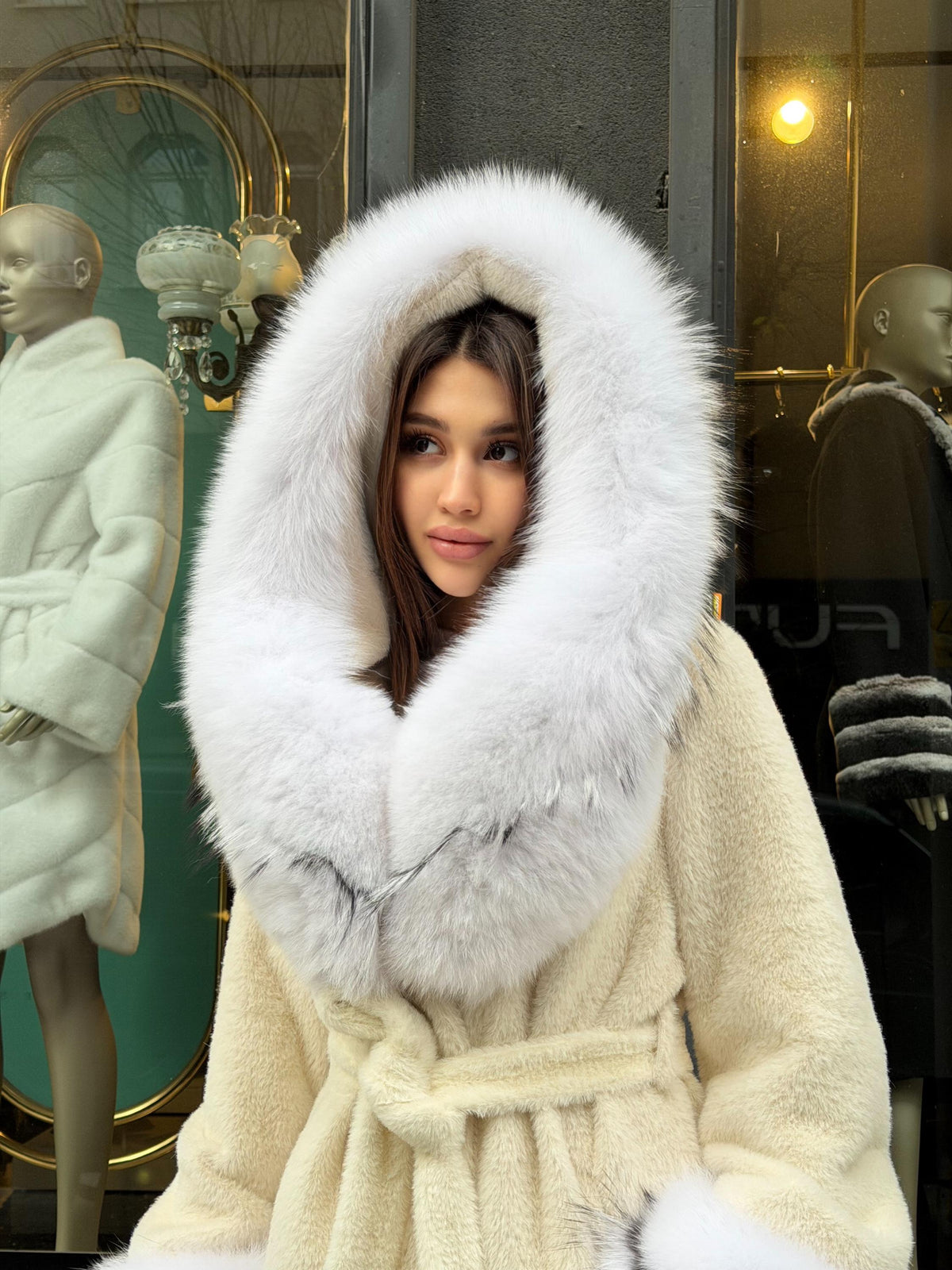 Cream Short Alcantara Coat - Hood & Cuffs Huge Fox Fur Jacket | Arctic Fox Fur Trim Coat