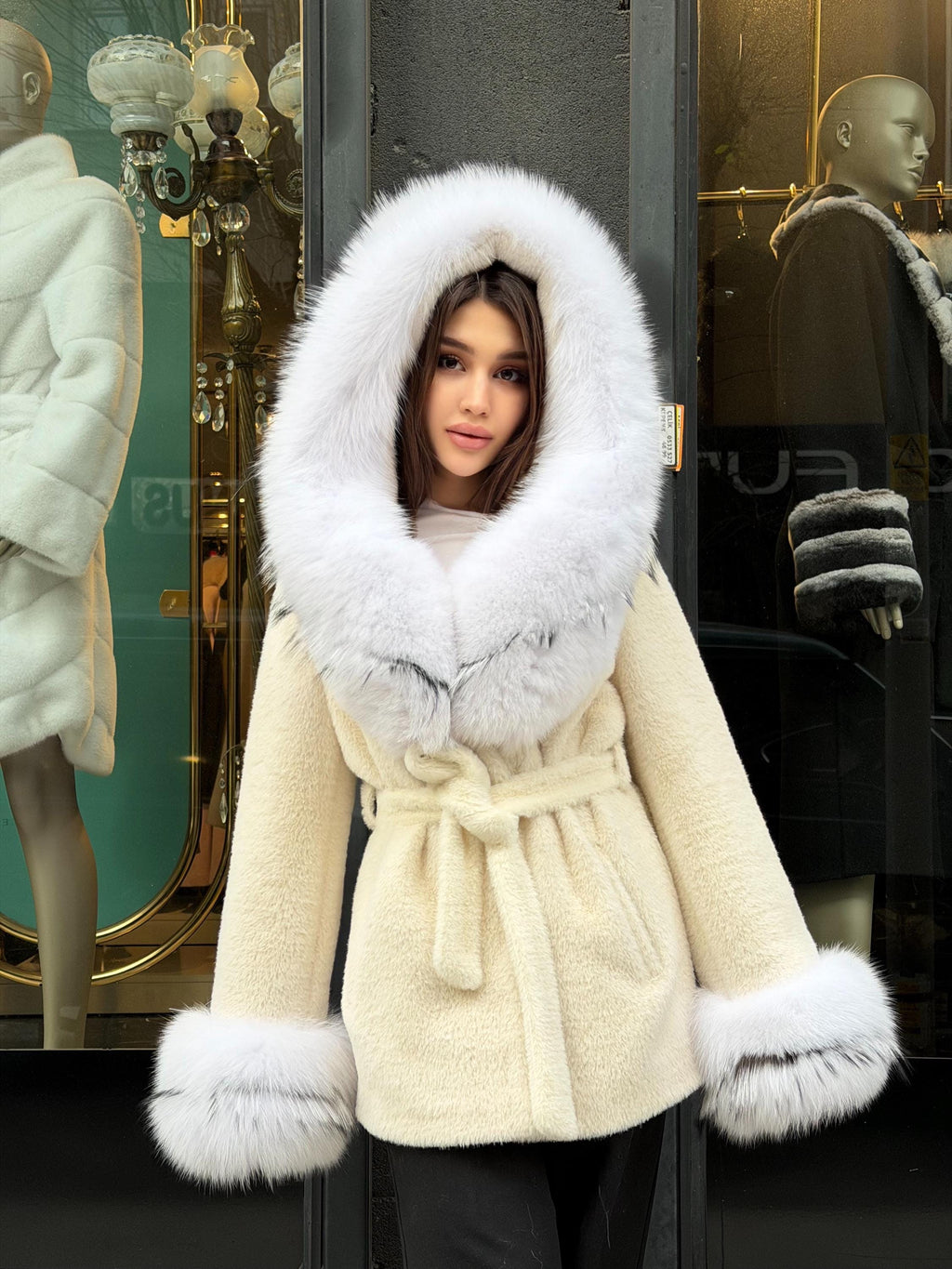 Cream Short Alcantara Coat - Hood & Cuffs Huge Fox Fur Jacket | Arctic Fox Fur Trim Coat