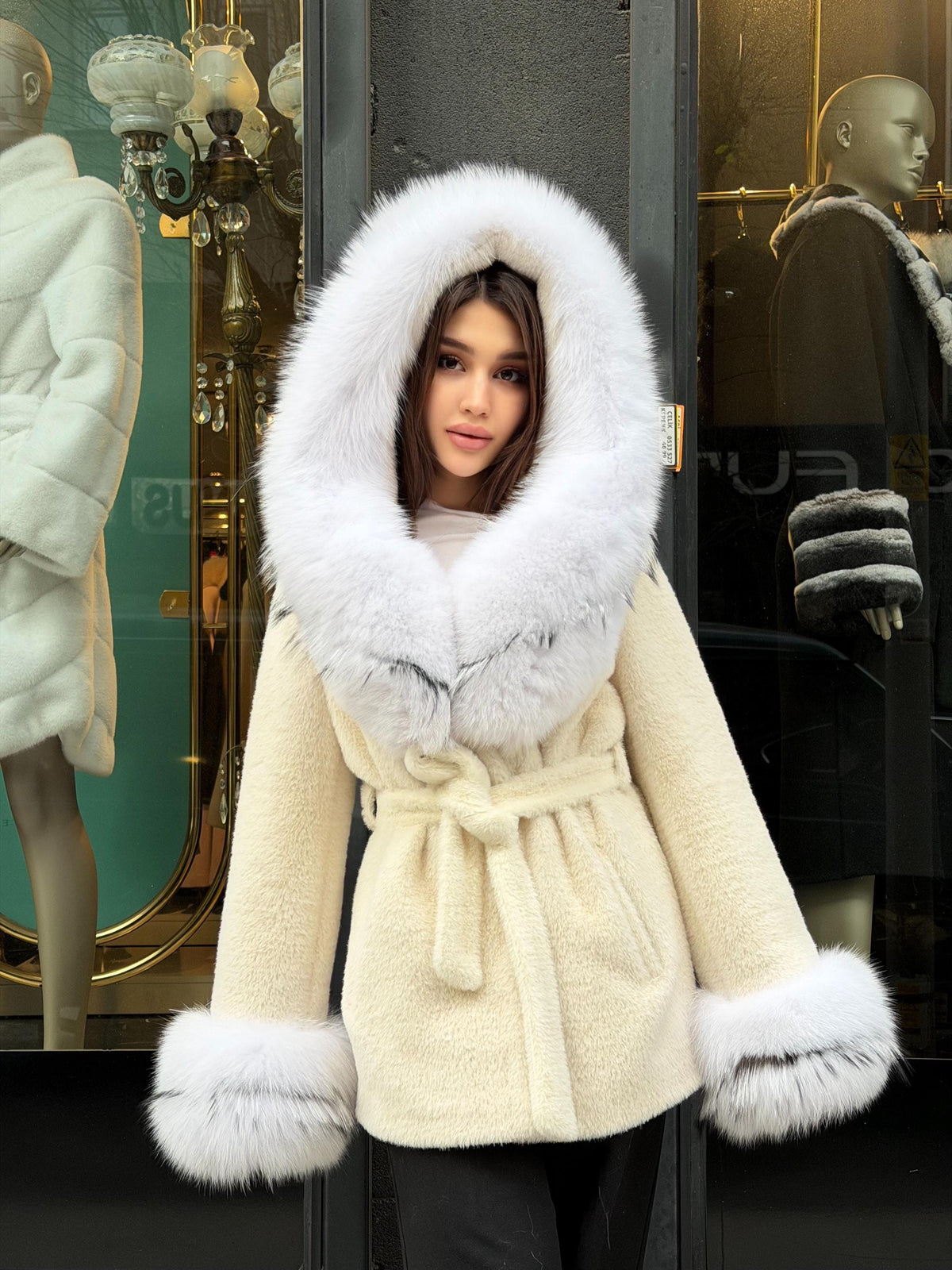 Cream Short Alcantara Coat - Hood & Cuffs Huge Fox Fur Jacket | Arctic Fox Fur Trim Coat