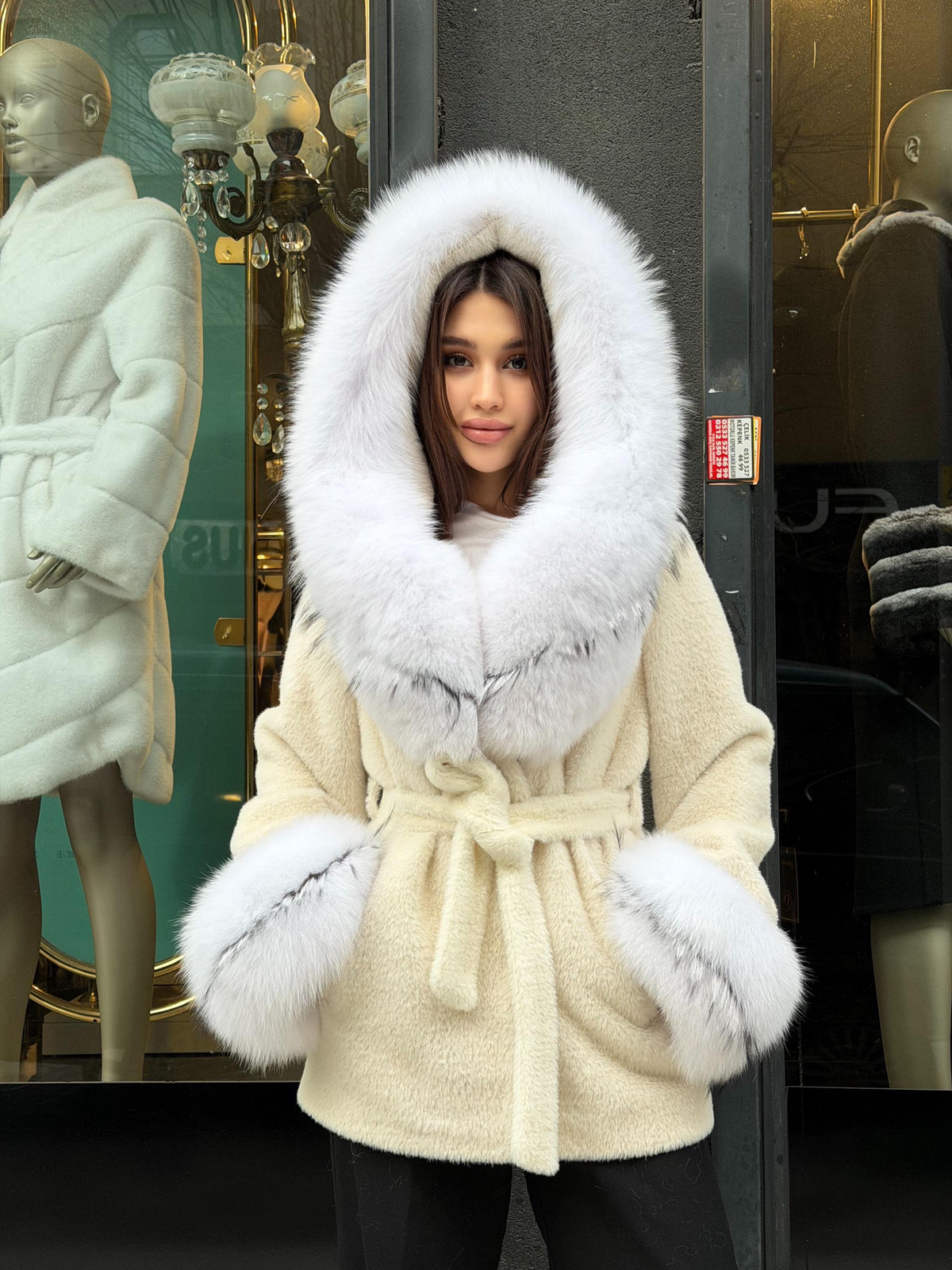 Cream Short Alcantara Coat - Hood & Cuffs Huge Fox Fur Jacket | Arctic Fox Fur Trim Coat