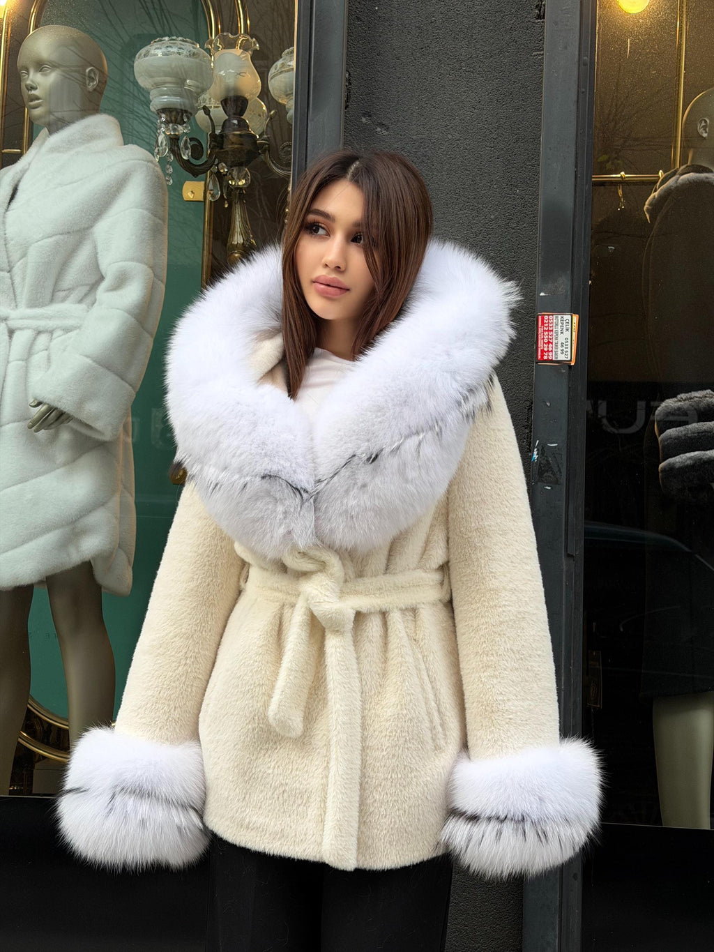 Cream Short Alcantara Coat - Hood & Cuffs Huge Fox Fur Jacket | Arctic Fox Fur Trim Coat