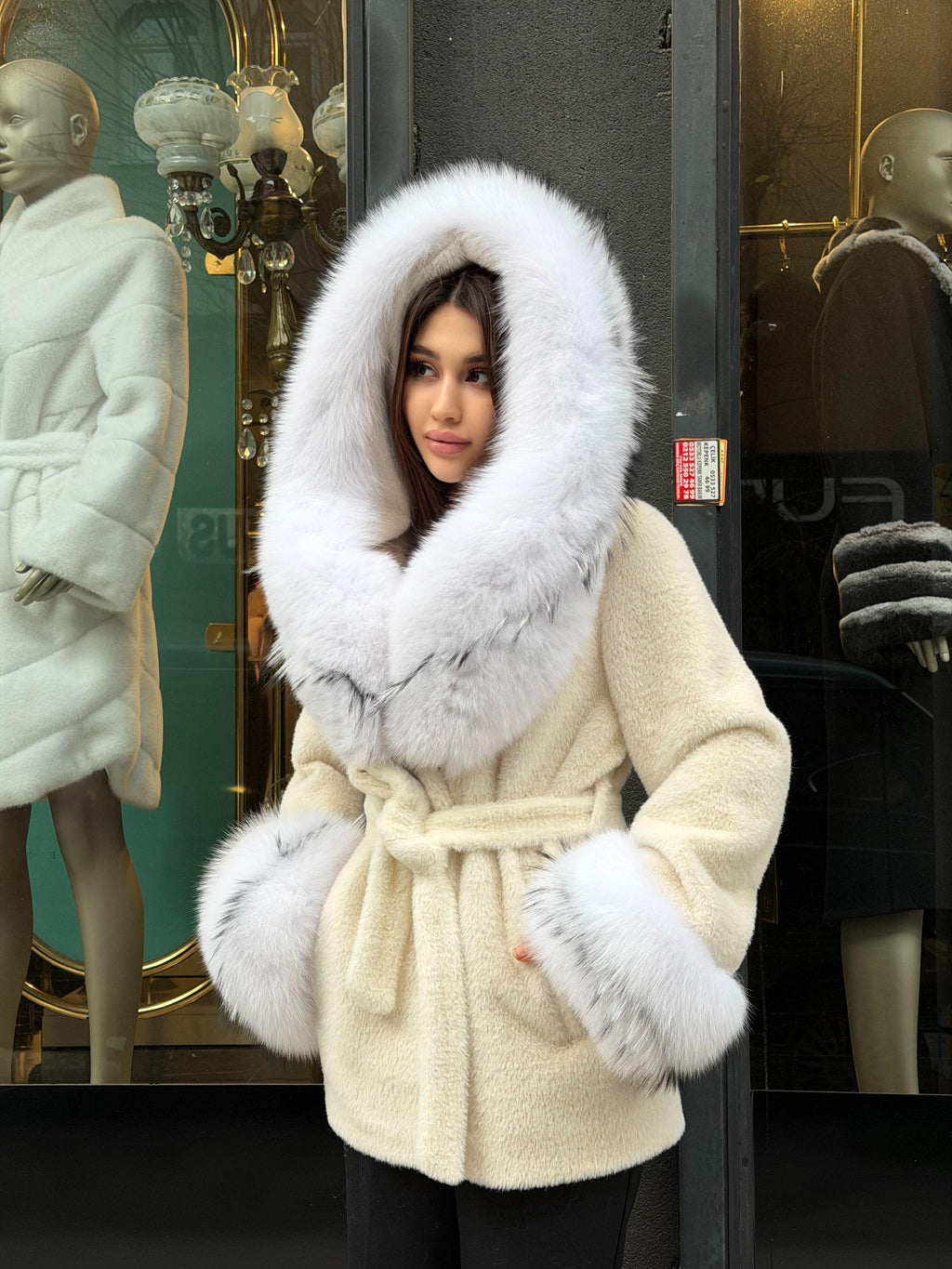 Cream Short Alcantara Coat - Hood & Cuffs Huge Fox Fur Jacket | Arctic Fox Fur Trim Coat