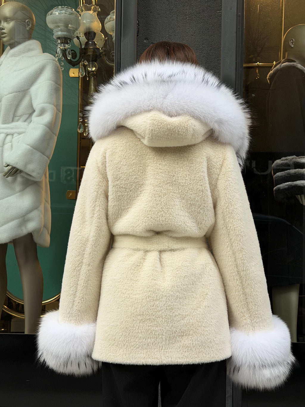 Cream Short Alcantara Coat - Hood & Cuffs Huge Fox Fur Jacket | Arctic Fox Fur Trim Coat