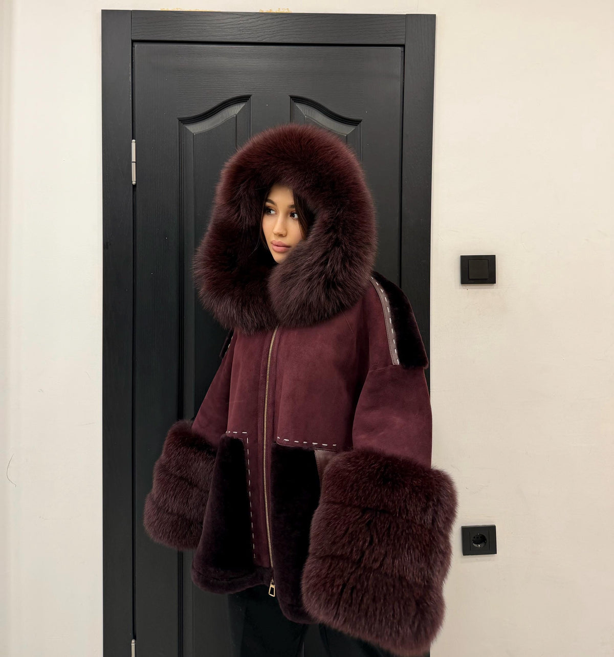 Burgundy Lamb Fur Jacket | Hooded Shearling Jacket | Hood & Cuffs Huge Fox Fur Jacket
