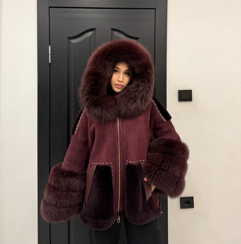 Burgundy Lamb Fur Jacket | Hooded Shearling Jacket | Hood & Cuffs Huge Fox Fur Jacket