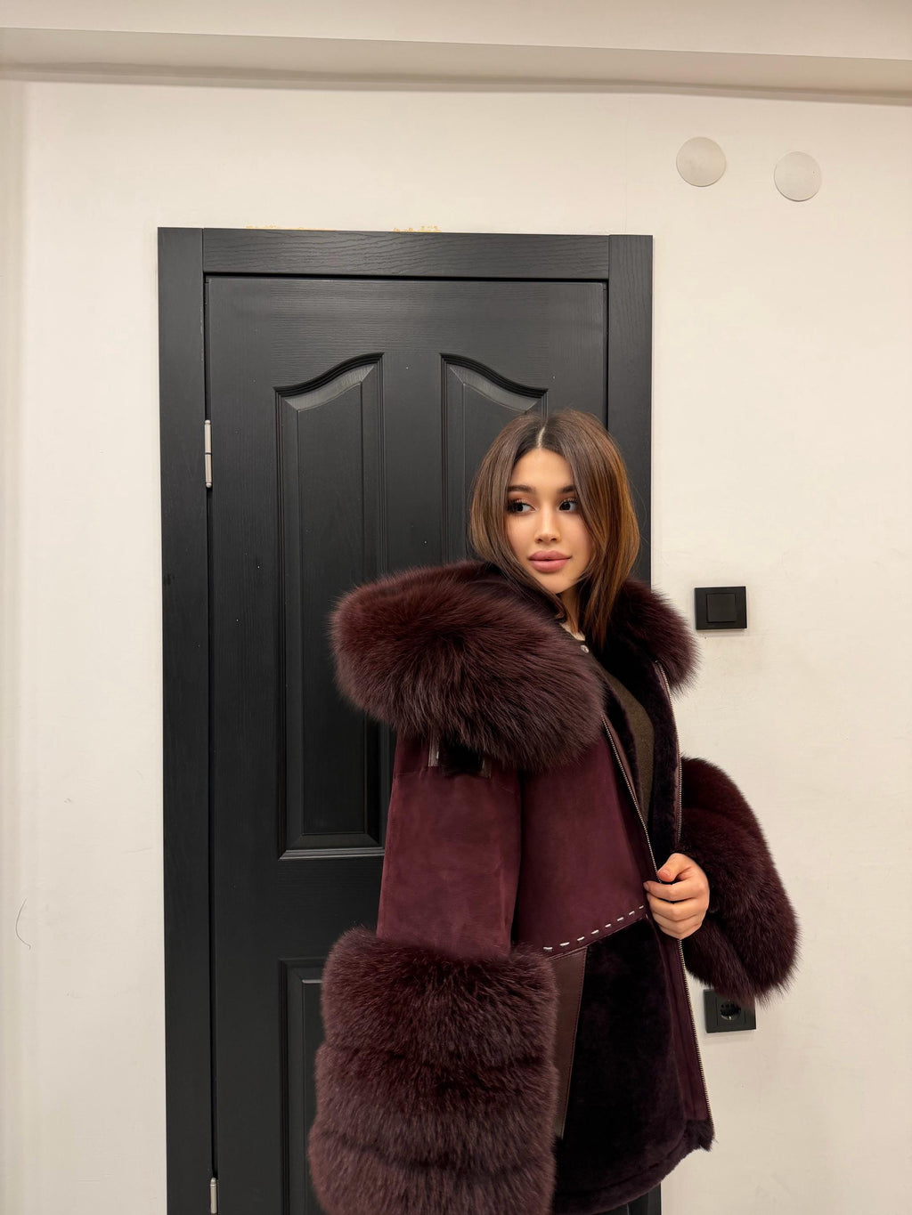 Burgundy Lamb Fur Jacket | Hooded Shearling Jacket | Hood & Cuffs Huge Fox Fur Jacket