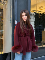 Burgundy Short Alpaca Wool Coat . Women Cuffs Fox Fur Jacket