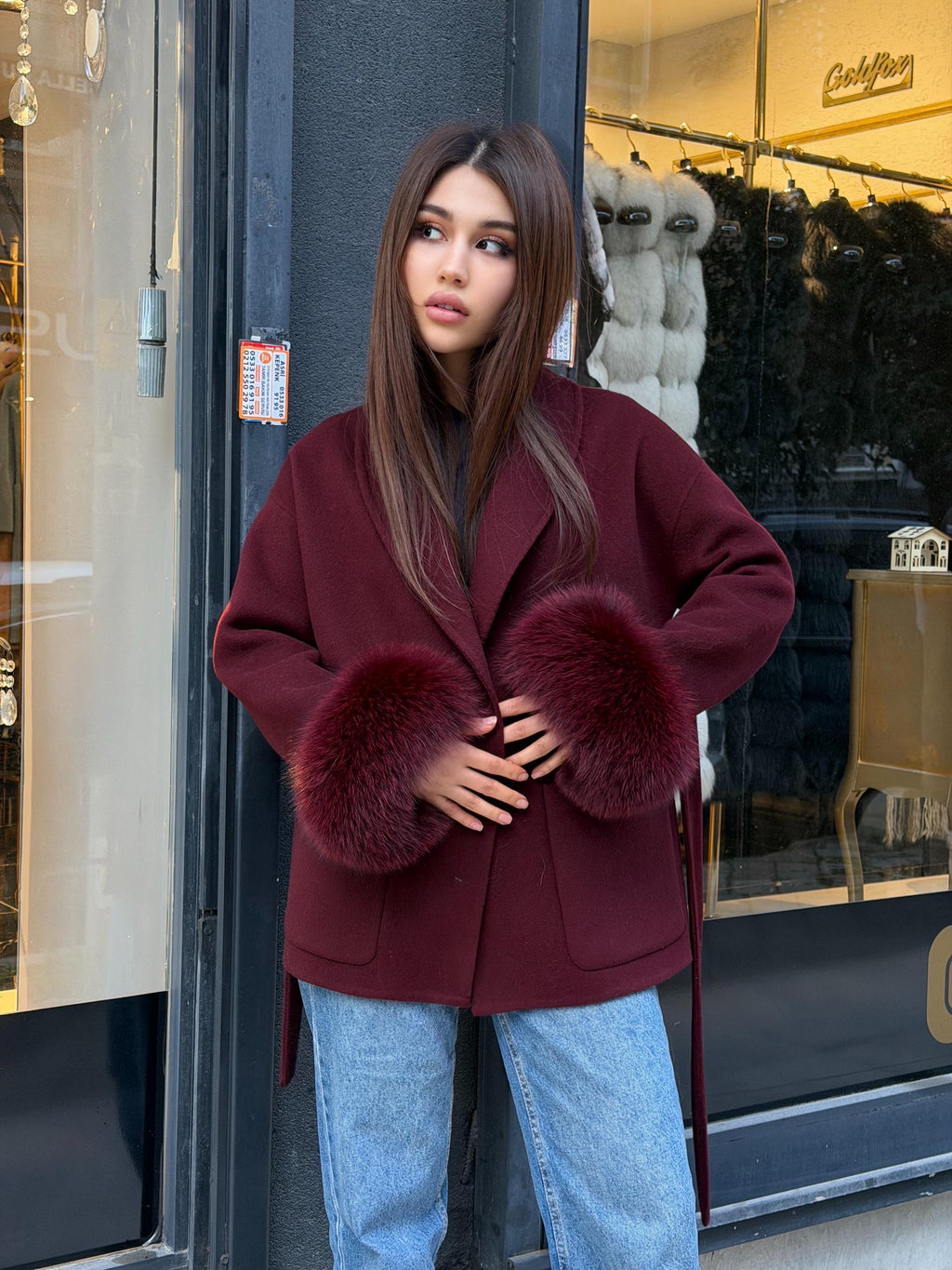 Burgundy Short Alpaca Wool Coat . Women Cuffs Fox Fur Jacket