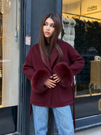 Burgundy Short Alpaca Wool Coat . Women Cuffs Fox Fur Jacket