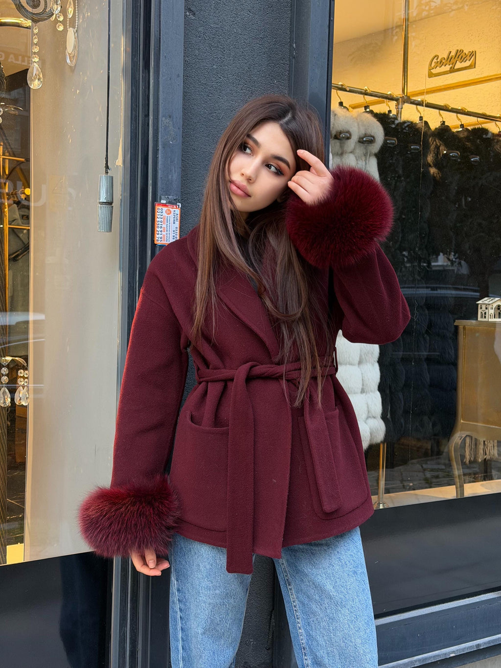 Burgundy Short Alpaca Wool Coat . Women Cuffs Fox Fur Jacket