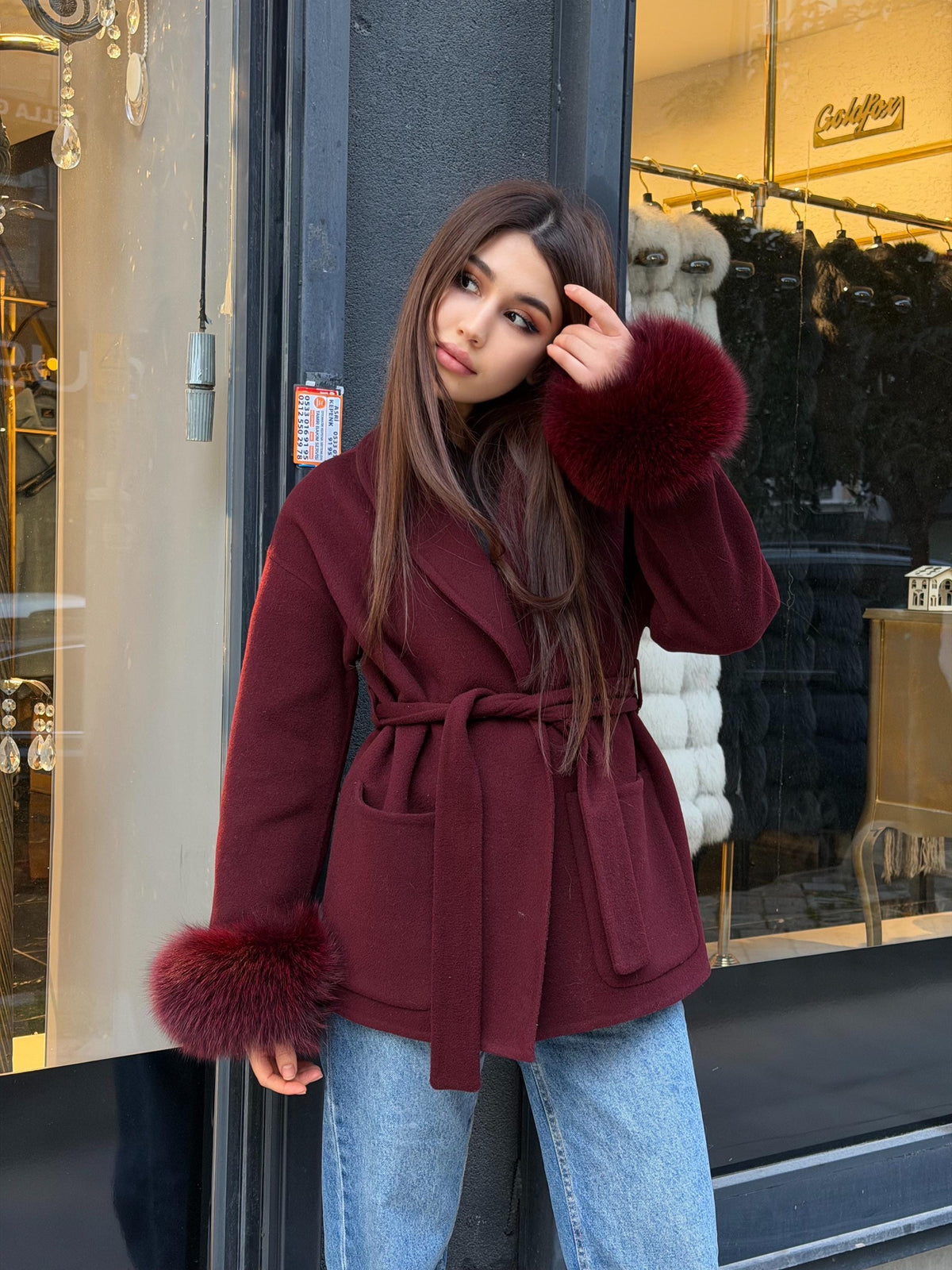 Burgundy Short Alpaca Wool Coat . Women Cuffs Fox Fur Jacket