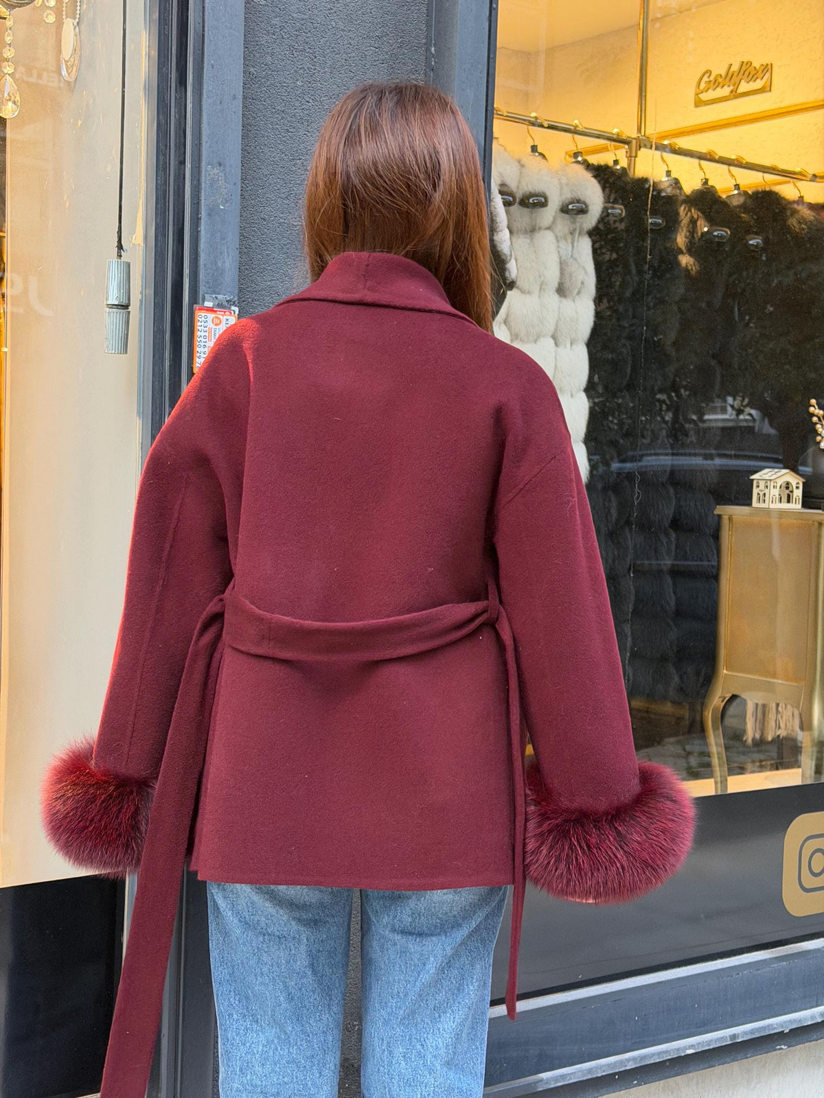 Burgundy Short Alpaca Wool Coat . Women Cuffs Fox Fur Jacket