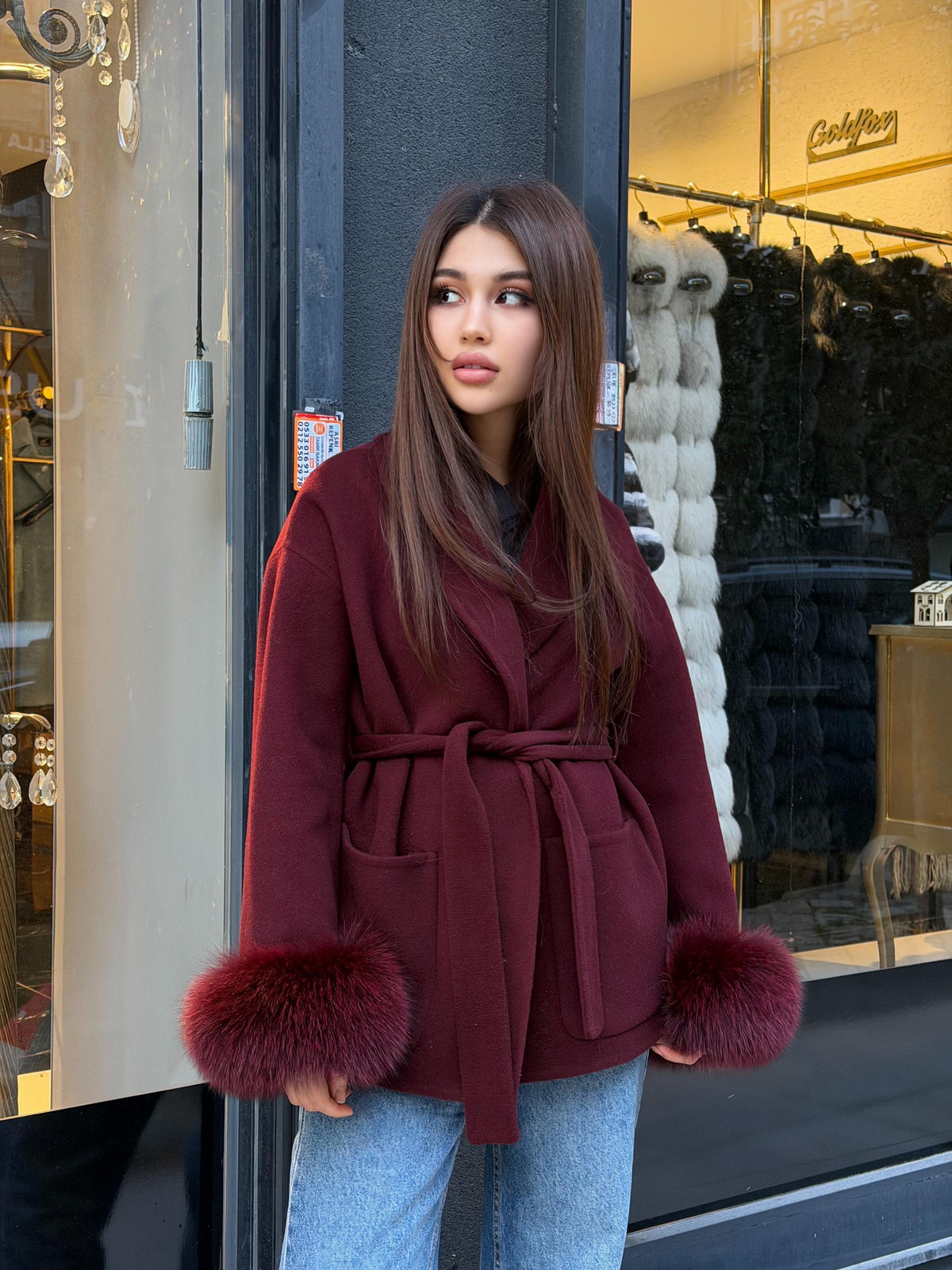 Burgundy Short Alpaca Wool Coat . Women Cuffs Fox Fur Jacket