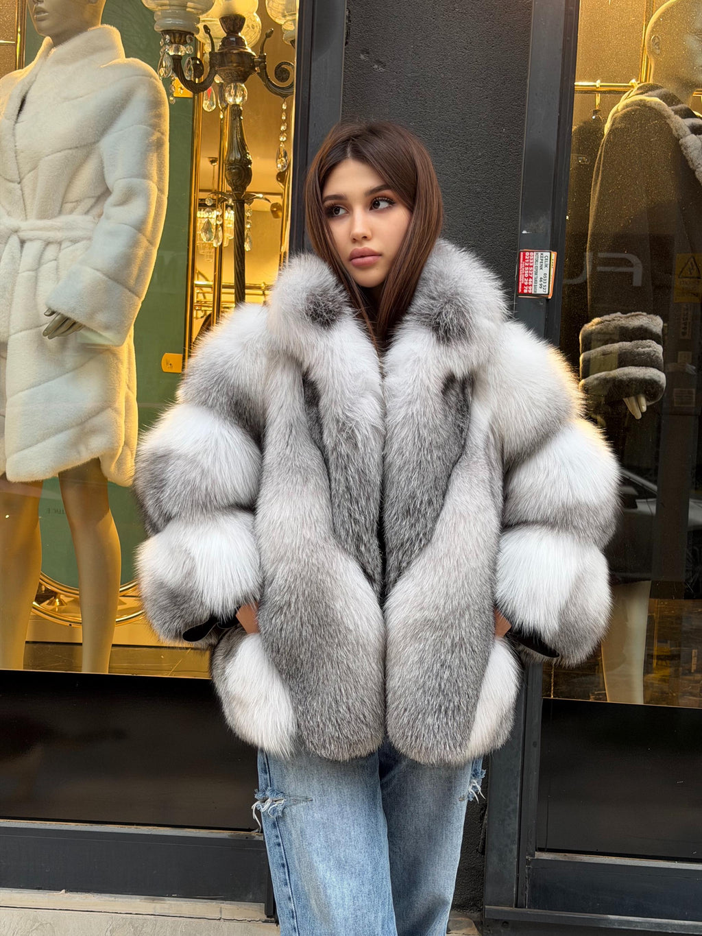 Women’s White Arctic Fox Fur Jacket - Short Belted Batwing Fox Fur Cape