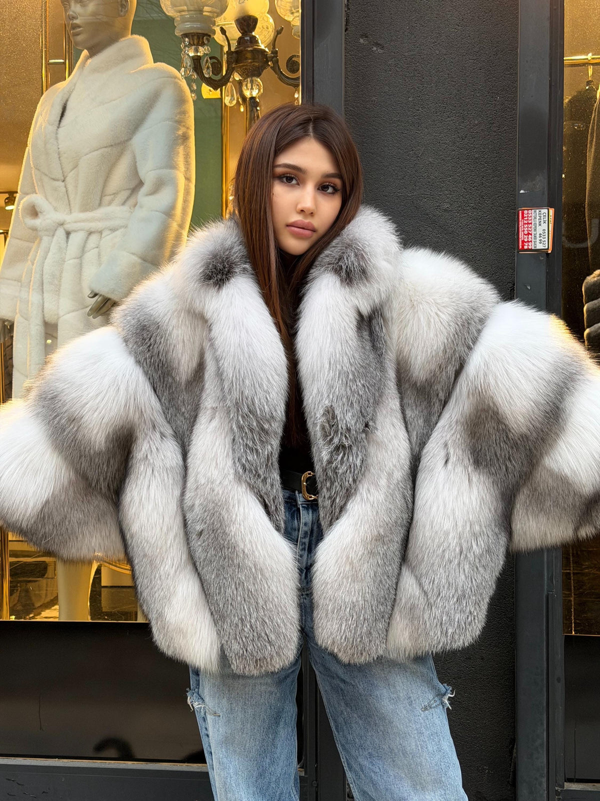Women’s White Arctic Fox Fur Jacket - Short Belted Batwing Fox Fur Cape