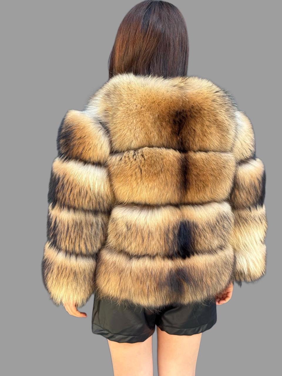 Gold Brown Raccoon Fox Fur Jacket. Short Fox Fur Jacket
