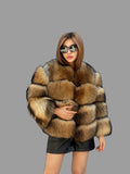 Gold Brown Raccoon Fox Fur Jacket. Short Fox Fur Jacket