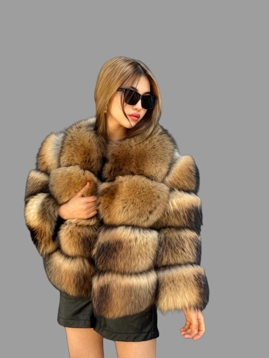 Gold Brown Raccoon Fox Fur Jacket. Short Fox Fur Jacket