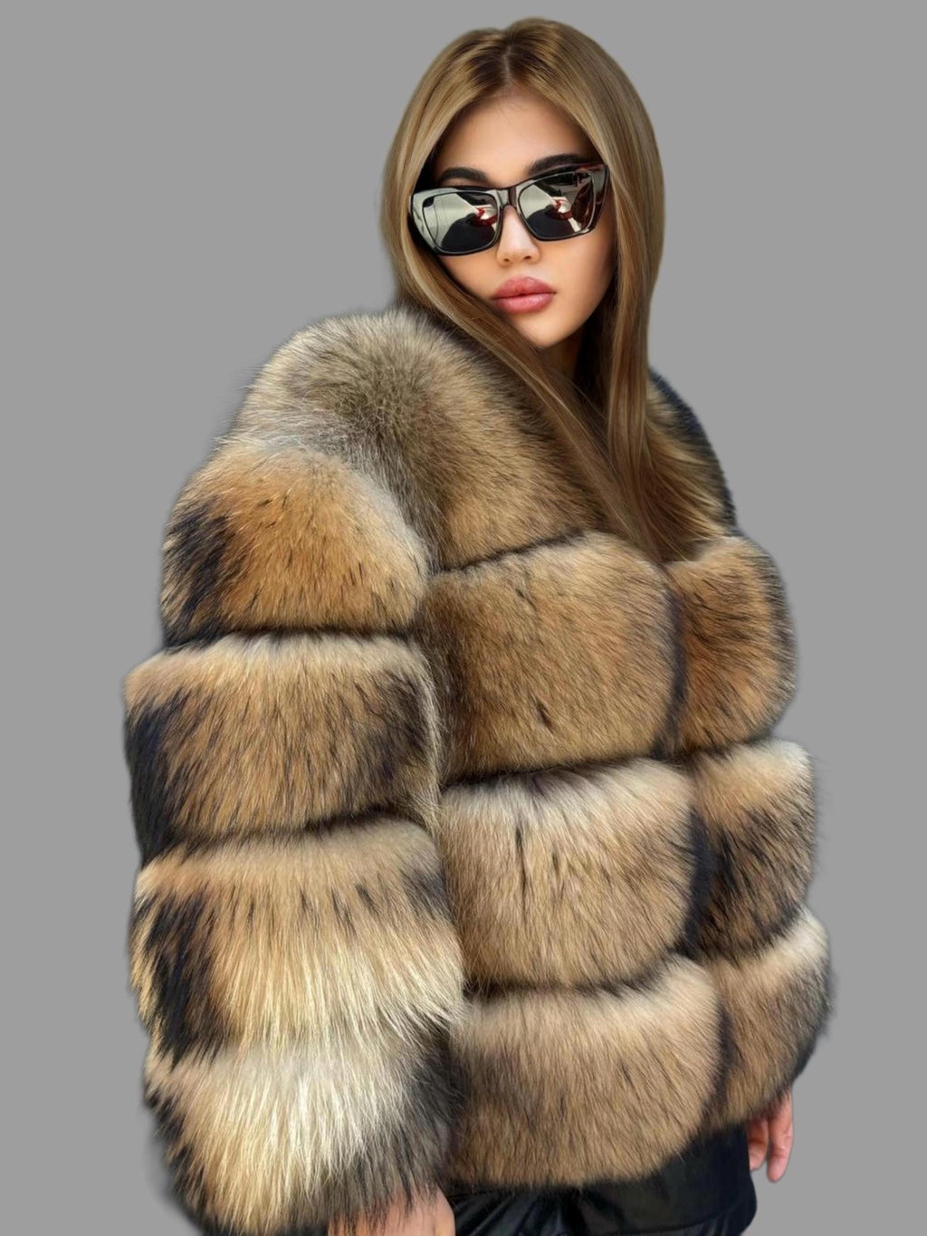 Gold Brown Raccoon Fox Fur Jacket. Short Fox Fur Jacket