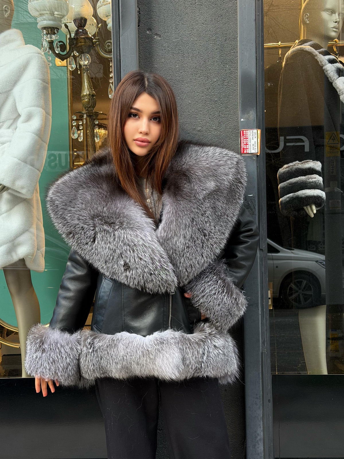 Black Shearling Lamb Fur Coat | Women’s Short Silver Fox Fur Trim Jacket | Collar Huge Fox Fur Jacket