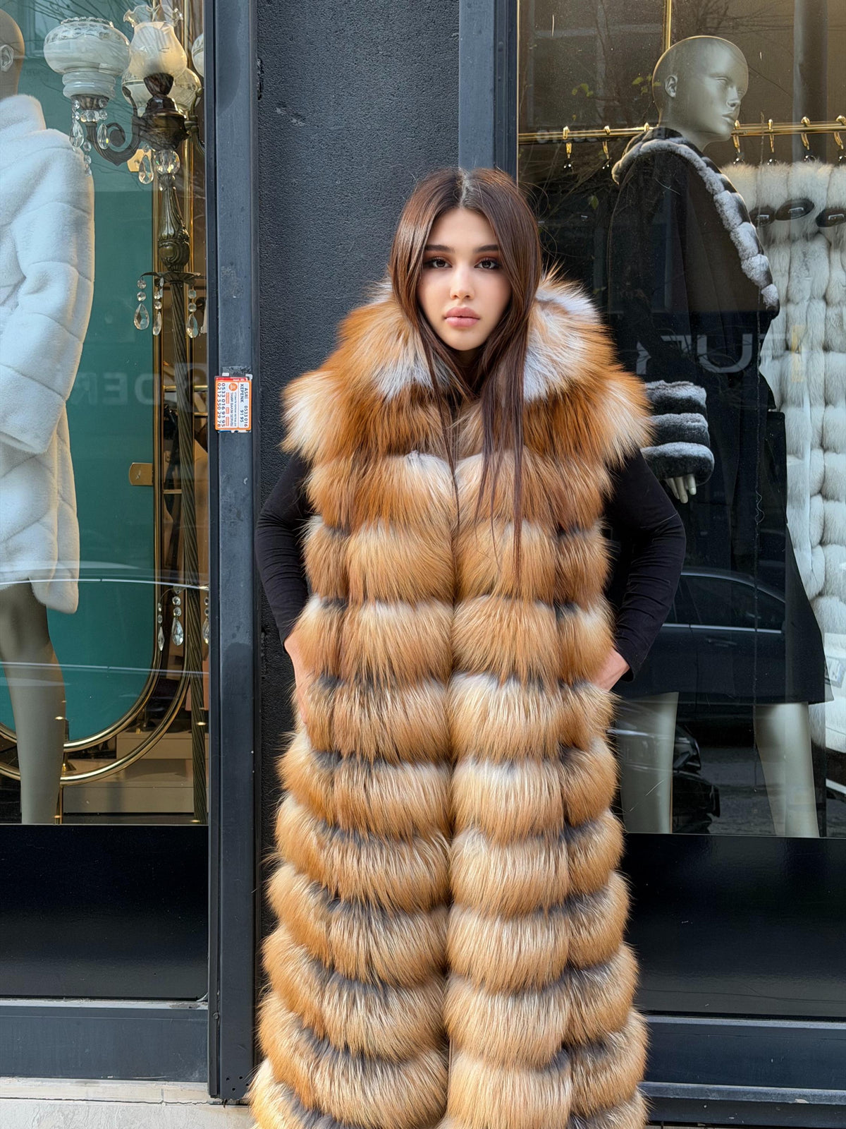 Long Hooded Gold Fox Fur Vest, Women 2 in 1 Fox Fur Gilet, Sleeveless Fox Fur Jacket, Full Length Fox Fur Vest.