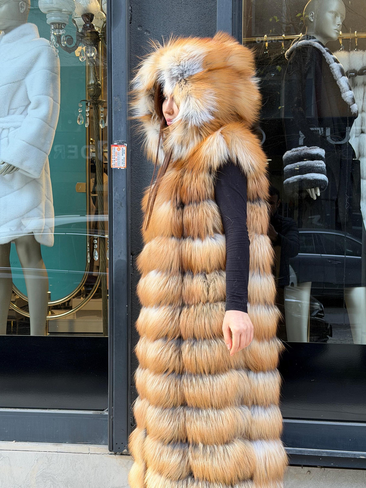 Long Hooded Gold Fox Fur Vest, Women 2 in 1 Fox Fur Gilet, Sleeveless Fox Fur Jacket, Full Length Fox Fur Vest.