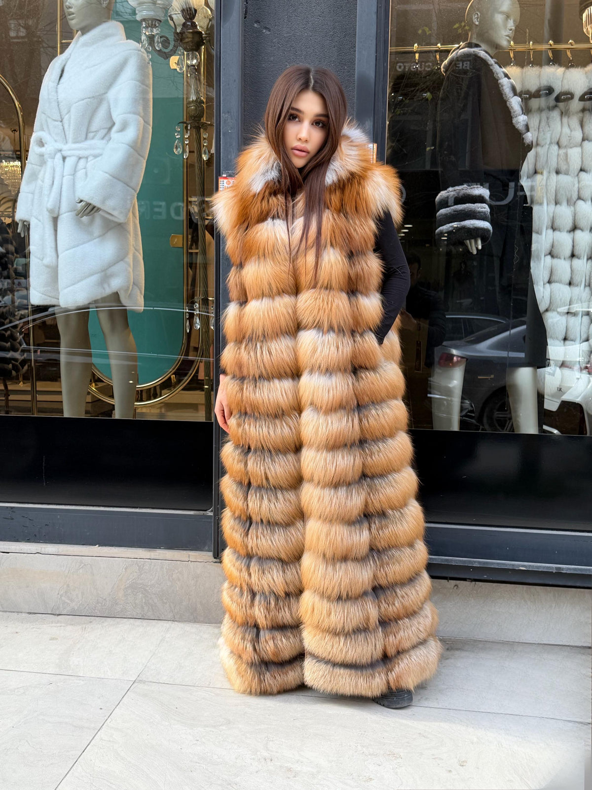 Long Hooded Gold Fox Fur Vest, Women 2 in 1 Fox Fur Gilet, Sleeveless Fox Fur Jacket, Full Length Fox Fur Vest.