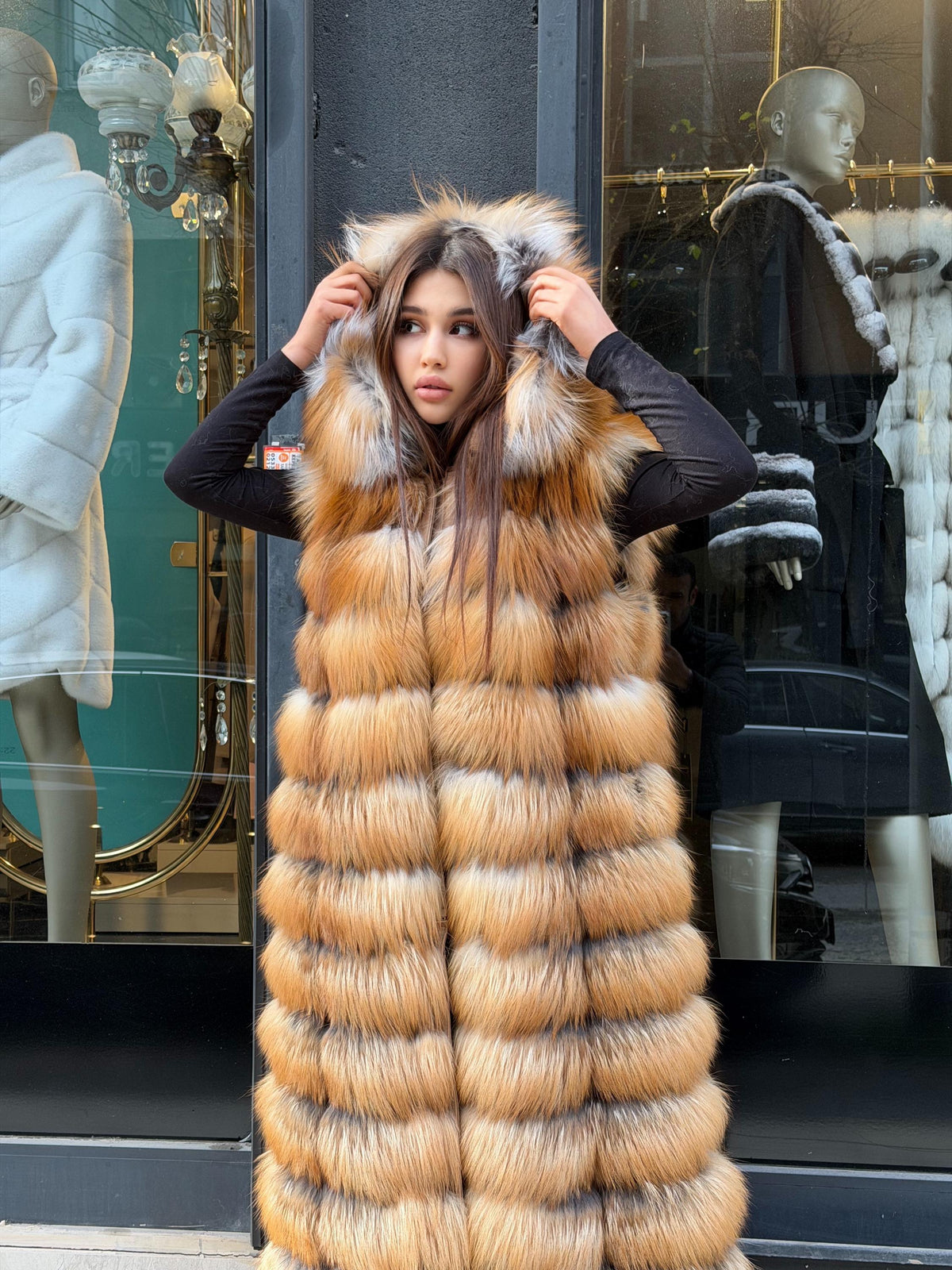 Long Hooded Gold Fox Fur Vest, Women 2 in 1 Fox Fur Gilet, Sleeveless Fox Fur Jacket, Full Length Fox Fur Vest.