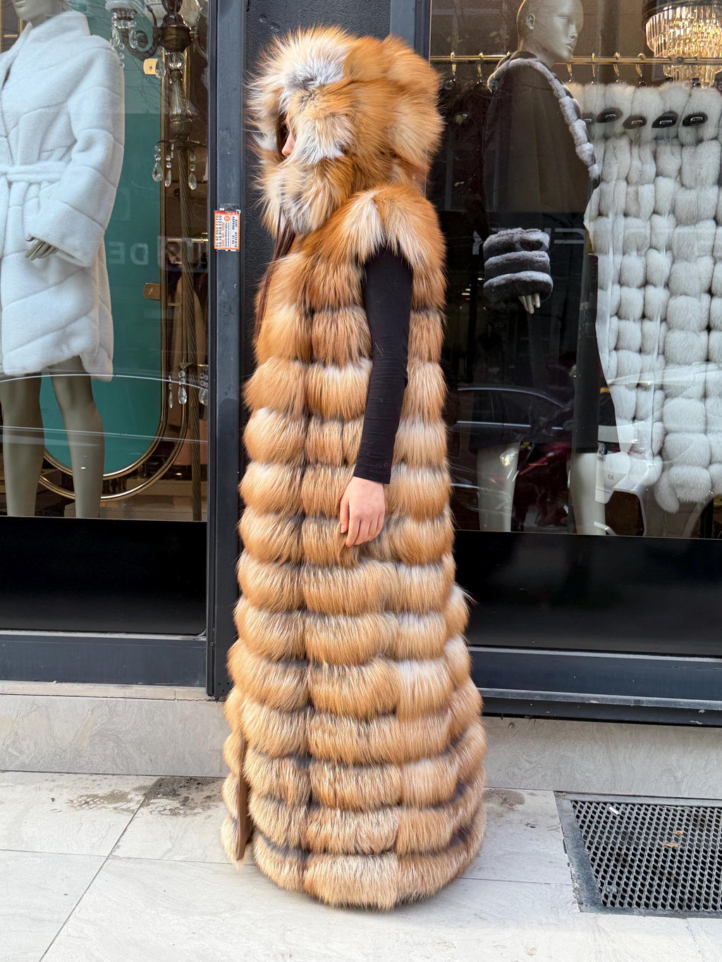Long Hooded Gold Fox Fur Vest, Women 2 in 1 Fox Fur Gilet, Sleeveless Fox Fur Jacket, Full Length Fox Fur Vest.
