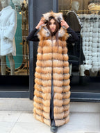 Long Hooded Gold Fox Fur Vest, Women 2 in 1 Fox Fur Gilet, Sleeveless Fox Fur Jacket, Full Length Fox Fur Vest.
