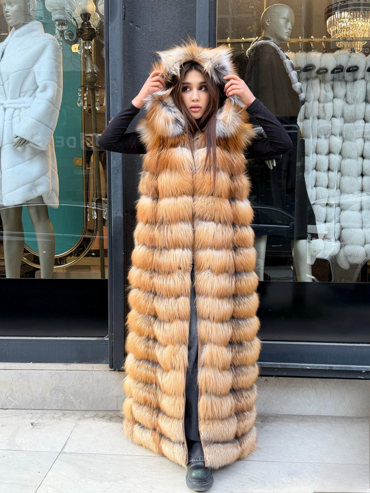 Long Hooded Gold Fox Fur Vest, Women 2 in 1 Fox Fur Gilet, Sleeveless Fox Fur Jacket, Full Length Fox Fur Vest.