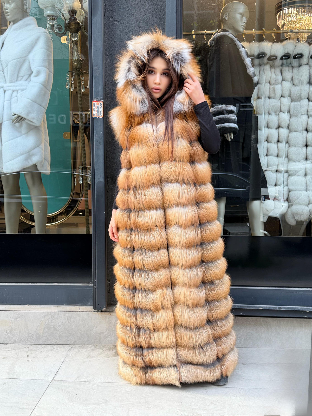 Long Hooded Gold Fox Fur Vest, Women 2 in 1 Fox Fur Gilet, Sleeveless Fox Fur Jacket, Full Length Fox Fur Vest.