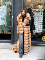Long Hooded Gold Fox Fur Vest, Women 2 in 1 Fox Fur Gilet, Sleeveless Fox Fur Jacket, Full Length Fox Fur Vest.