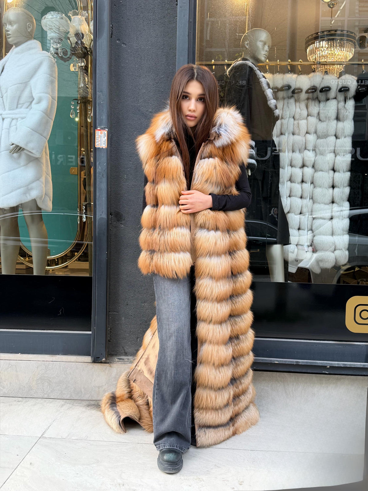 Long Hooded Gold Fox Fur Vest, Women 2 in 1 Fox Fur Gilet, Sleeveless Fox Fur Jacket, Full Length Fox Fur Vest.