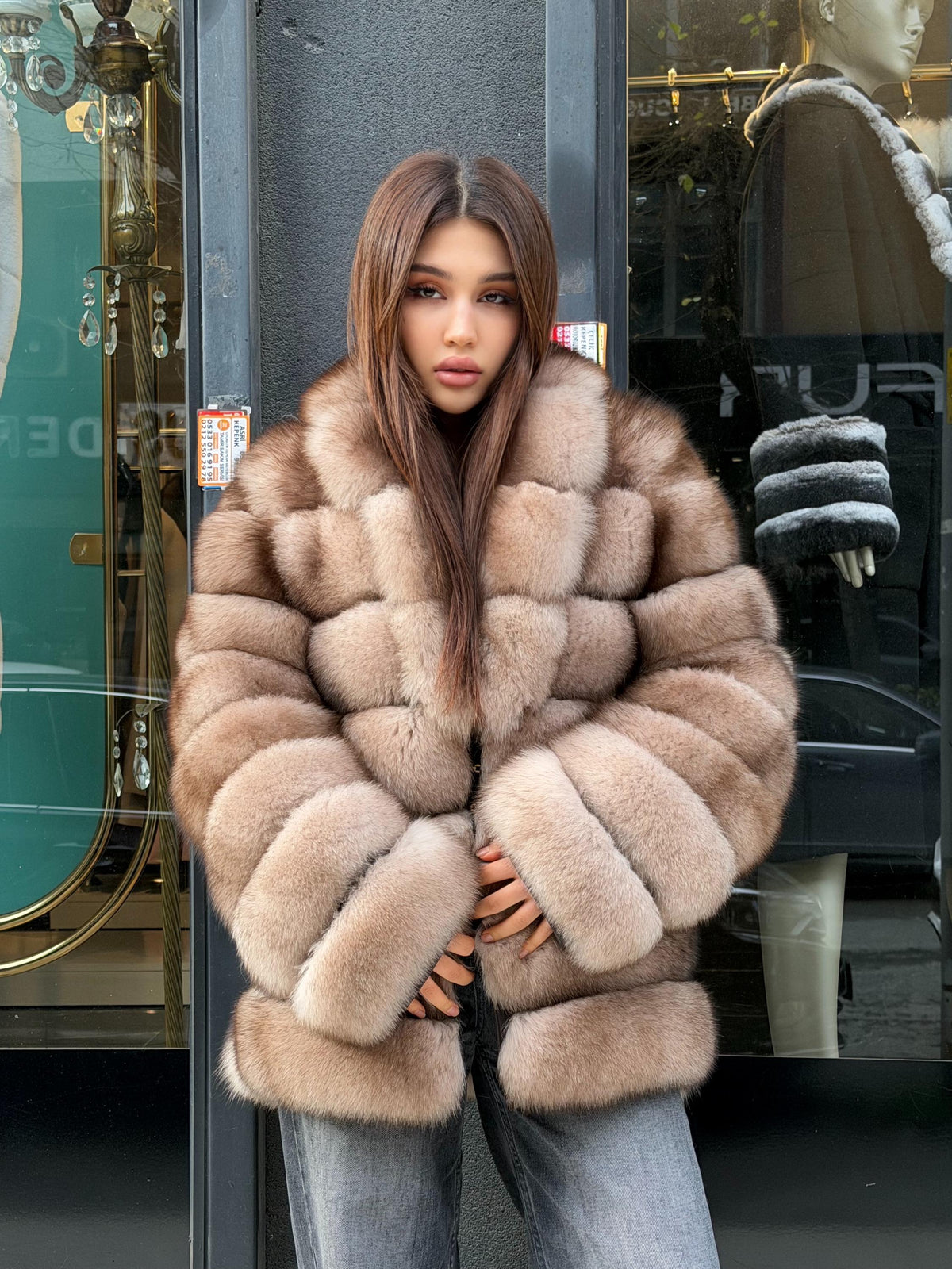 Beige Fox Fur Jacket: Women Fox Fur Coat Fox