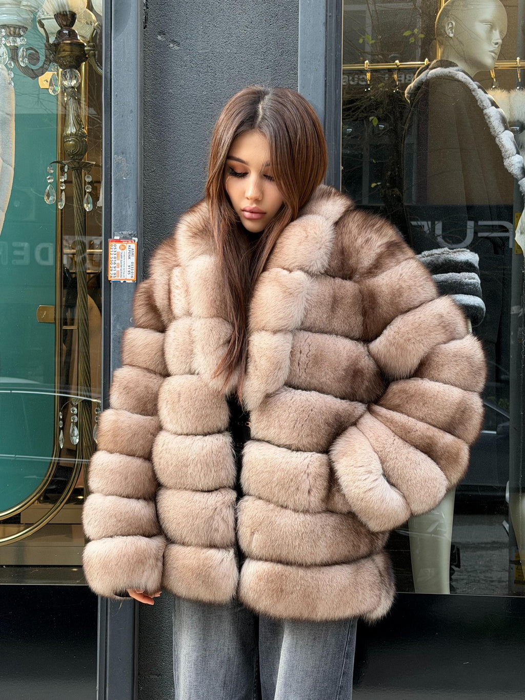 Beige Fox Fur Jacket: Women Fox Fur Coat Fox