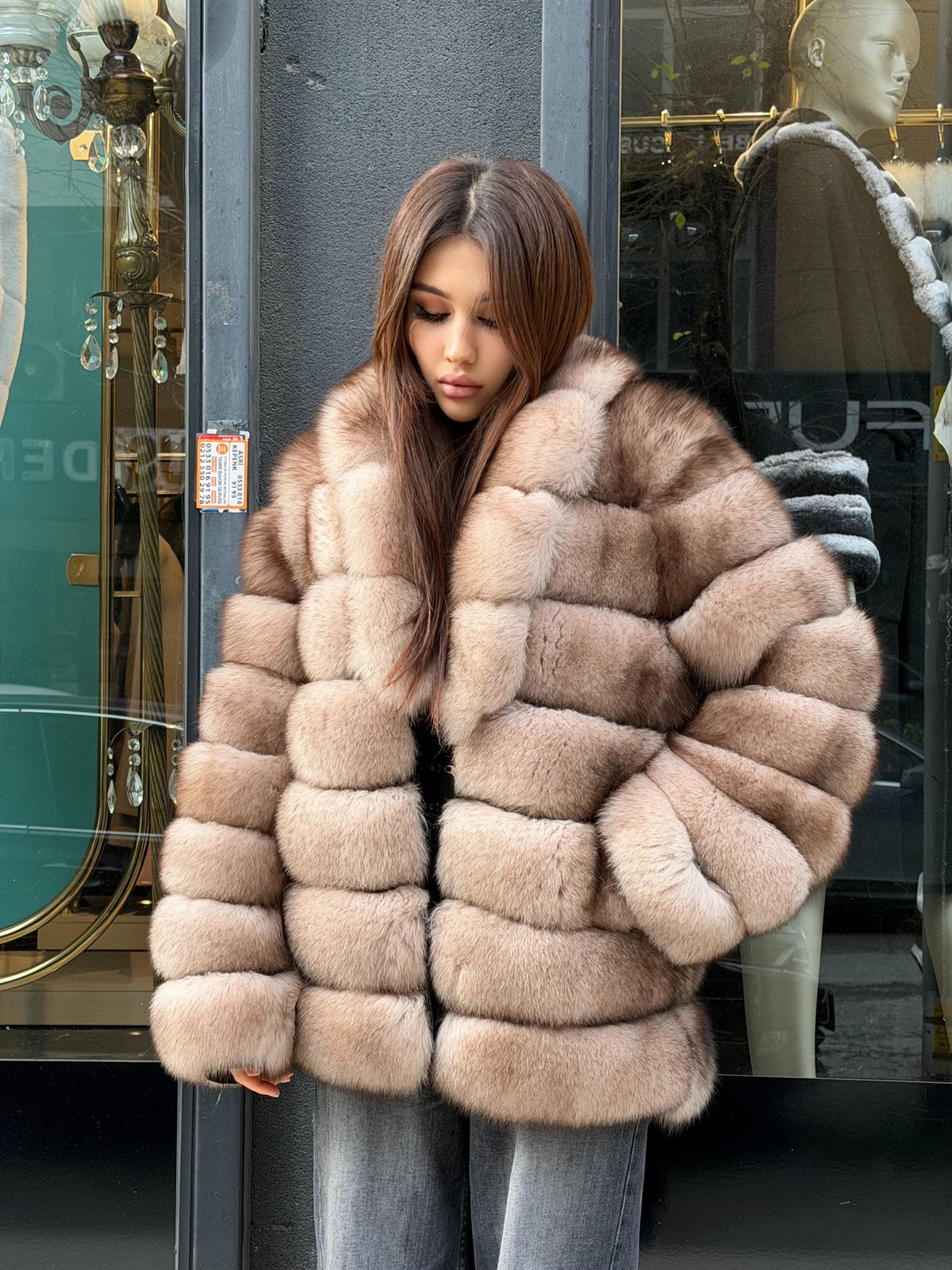 Beige Fox Fur Jacket: Women Fox Fur Coat Fox