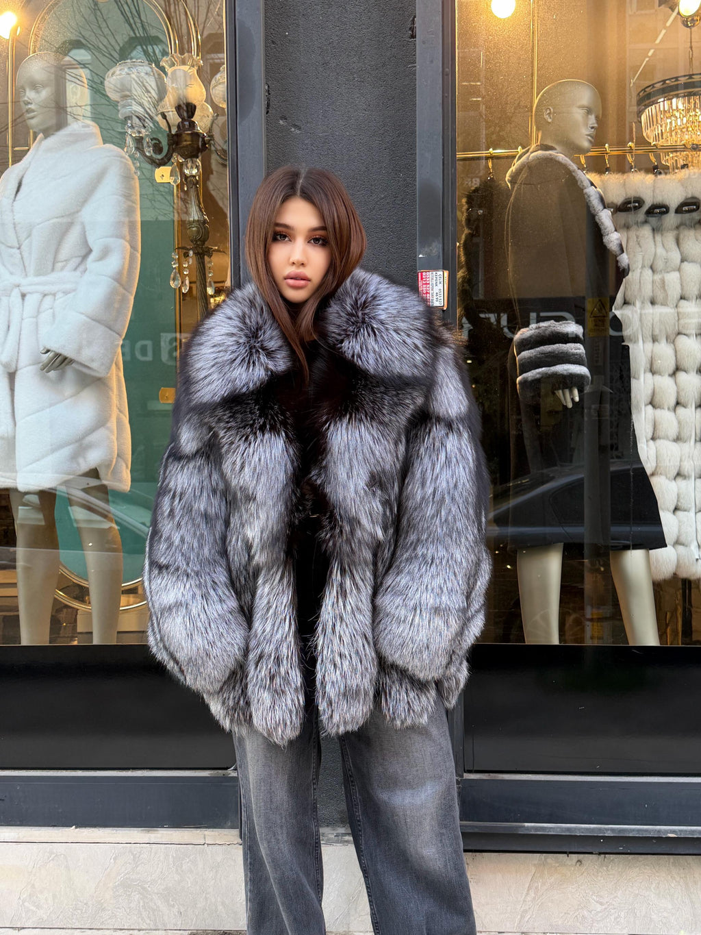 Womens Silver Argentina Fox Fur Jacket | Premium Fox Fur Coat