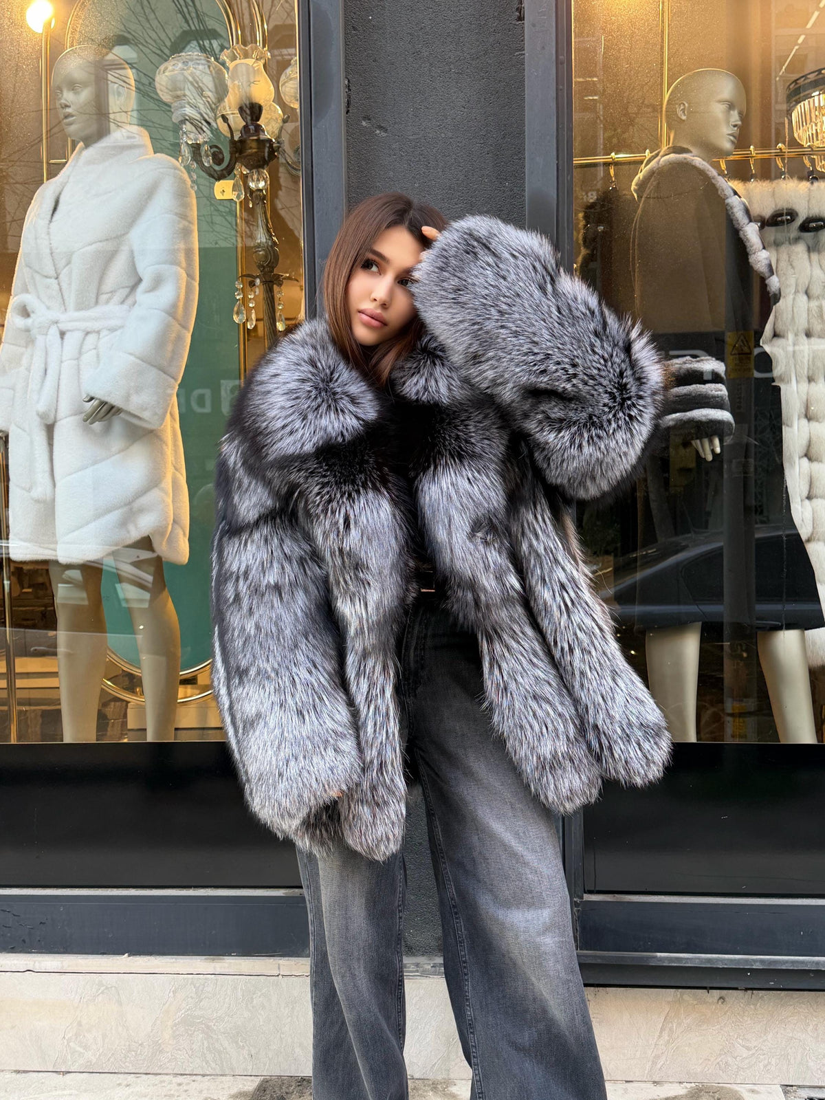 Womens Silver Argentina Fox Fur Jacket | Premium Fox Fur Coat