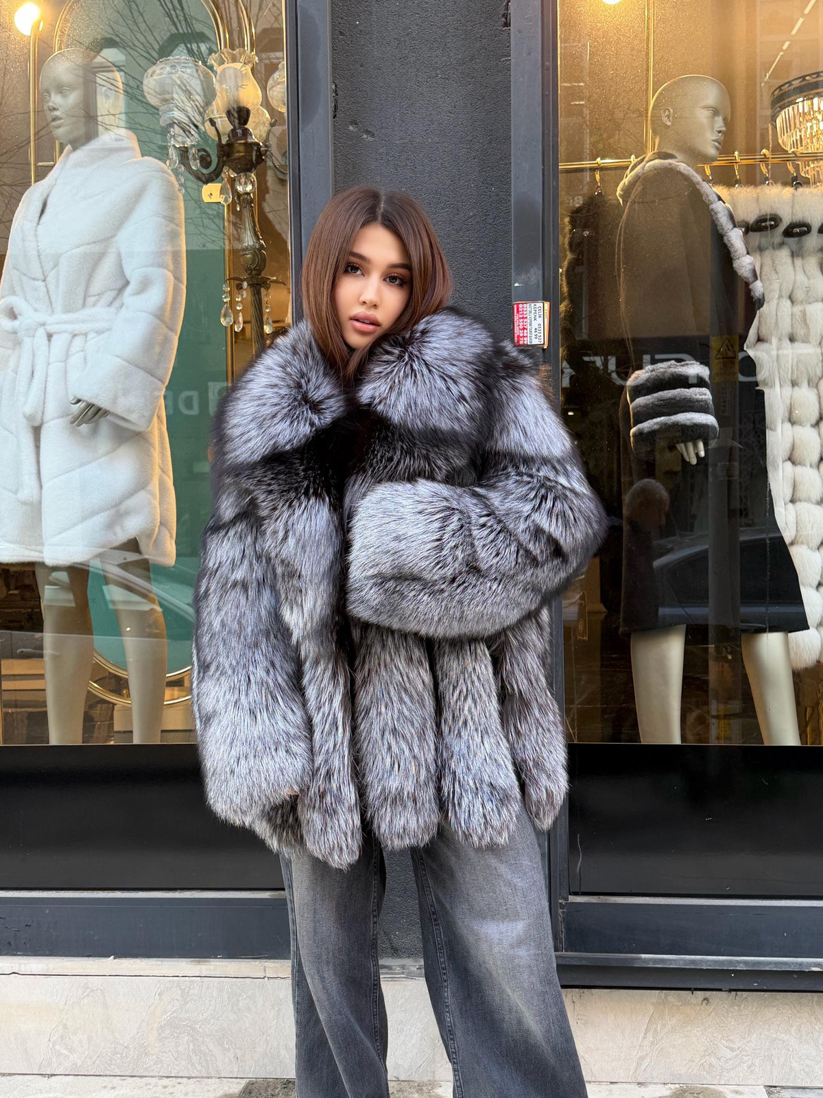 Womens Silver Argentina Fox Fur Jacket | Premium Fox Fur Coat