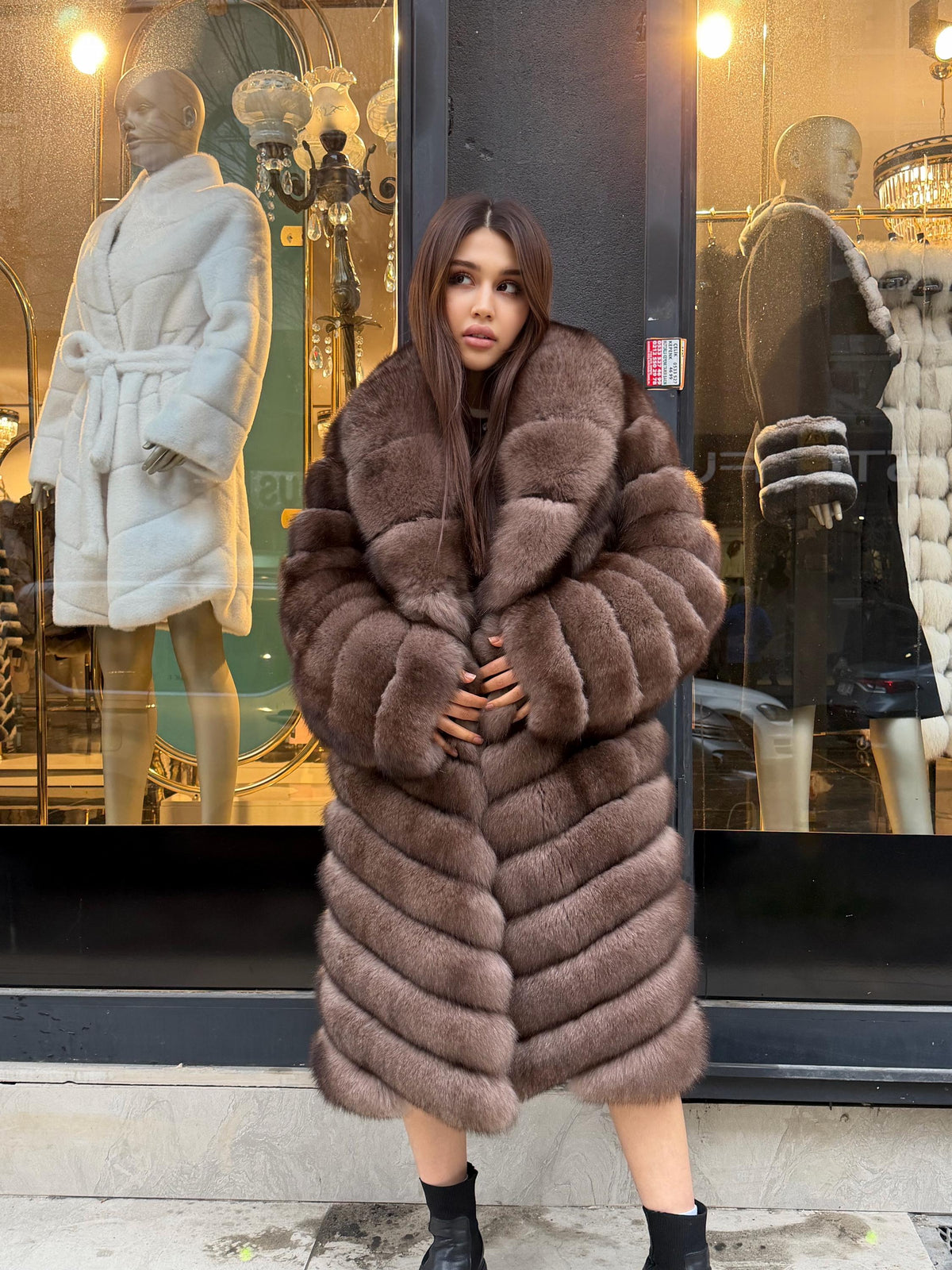 Brown Long Fox Fur Coat | Premium Sable Brown Fox Fur Jacket