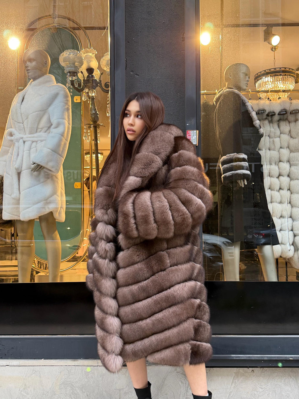 Brown Long Fox Fur Coat | Premium Sable Brown Fox Fur Jacket