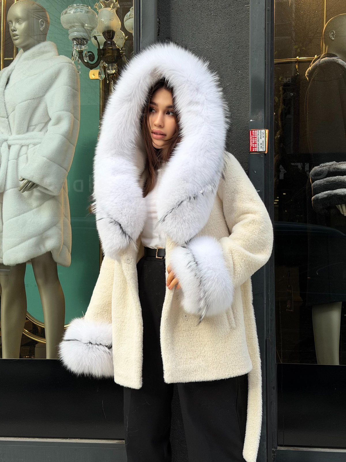 Cream Short Alcantara Coat - Hood & Cuffs Huge Fox Fur Jacket | Arctic Fox Fur Trim Coat