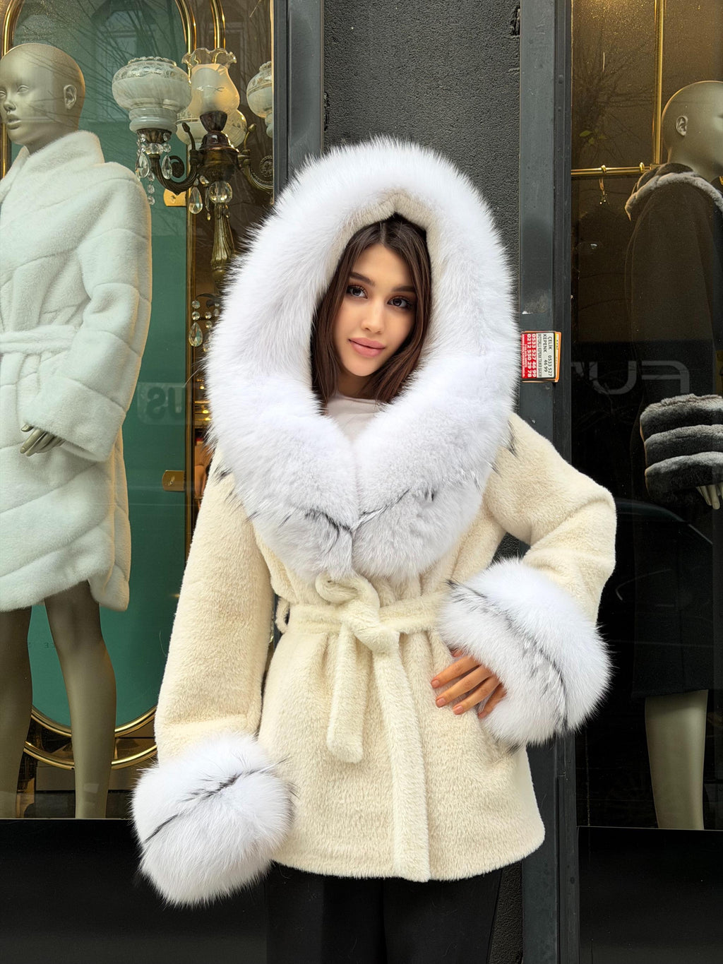 Cream Short Alcantara Coat - Hood & Cuffs Huge Fox Fur Jacket | Arctic Fox Fur Trim Coat