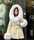 Cream Short Alcantara Coat - Hood & Cuffs Huge Fox Fur Jacket | Arctic Fox Fur Trim Coat