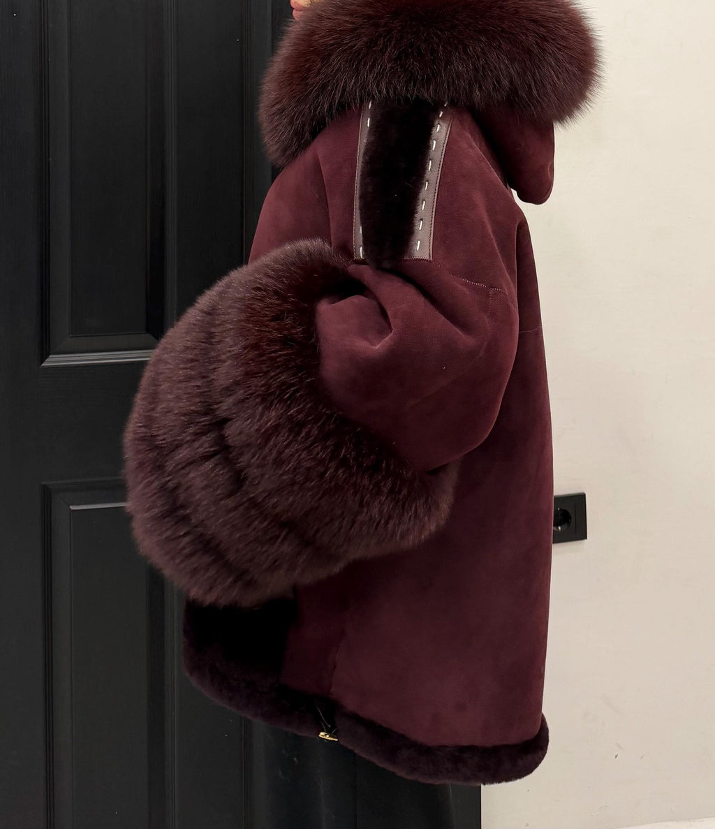 Burgundy Lamb Fur Jacket | Hooded Shearling Jacket | Hood & Cuffs Huge Fox Fur Jacket