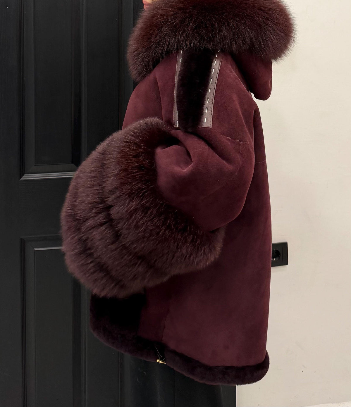 Burgundy Lamb Fur Jacket | Hooded Shearling Jacket | Hood & Cuffs Huge Fox Fur Jacket