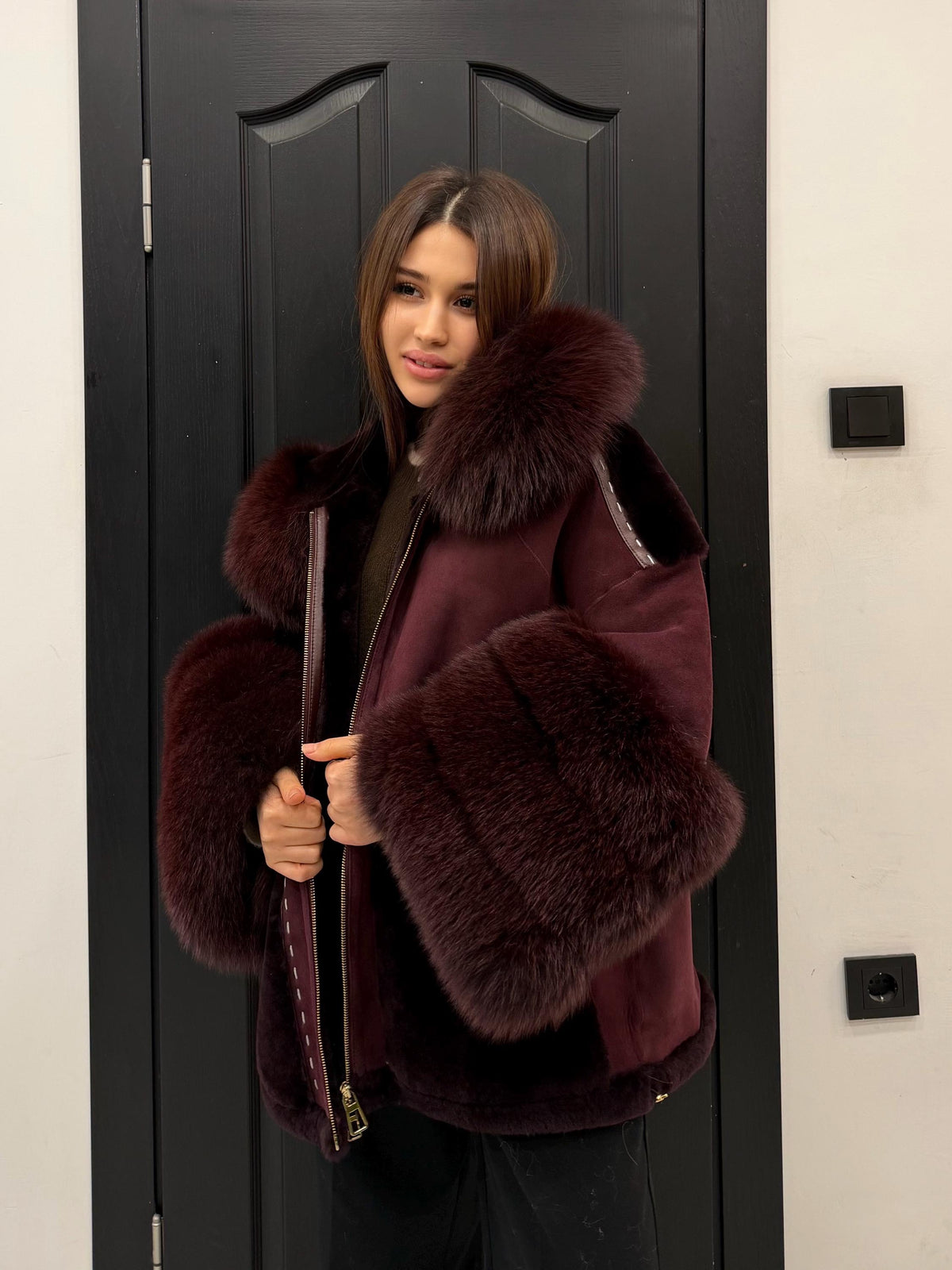 Burgundy Lamb Fur Jacket | Hooded Shearling Jacket | Hood & Cuffs Huge Fox Fur Jacket